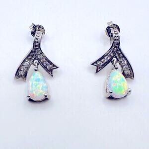 Signed FAS THAI Silver Geniune Opal Dangle Stud Pierced Earrings Quiet Luxury